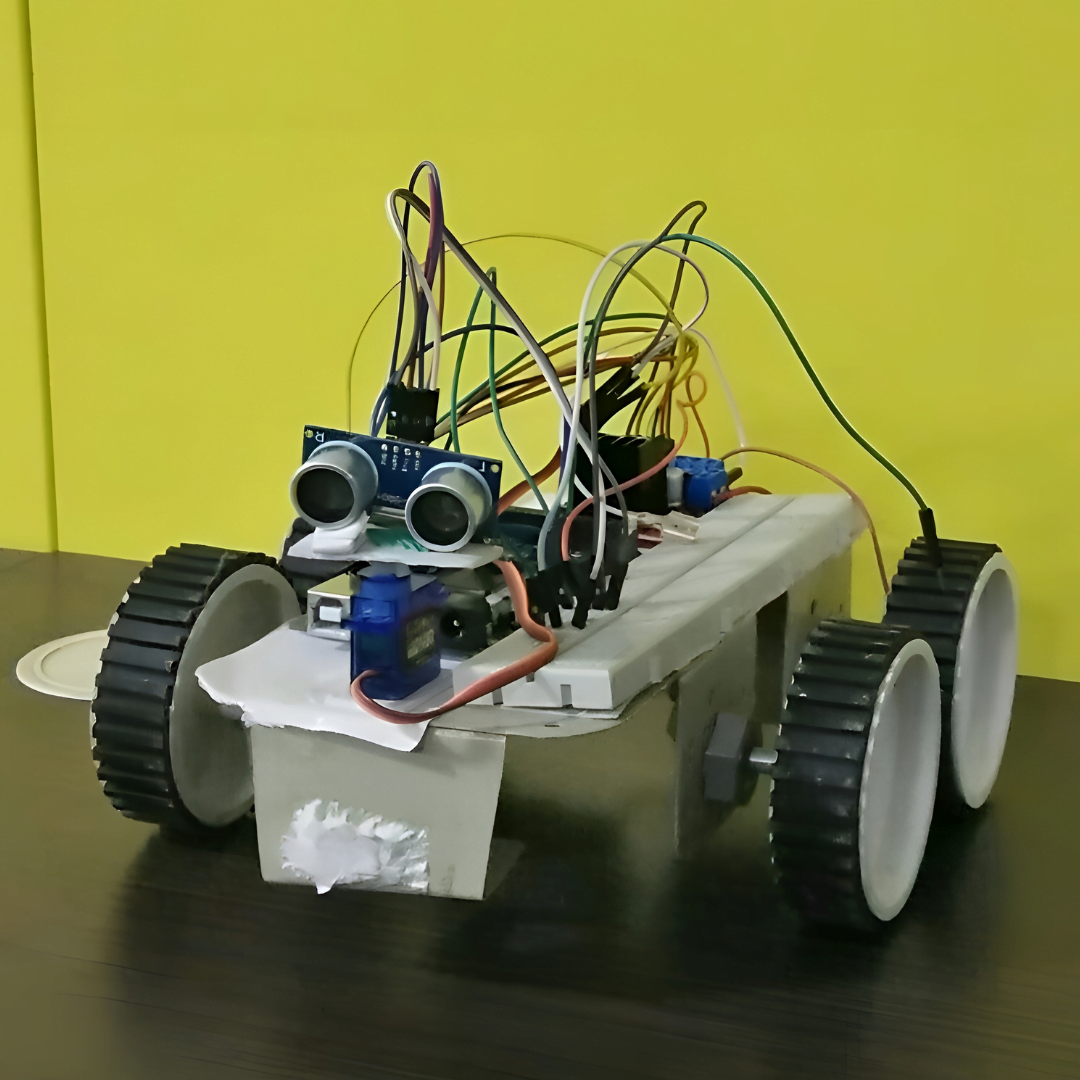 Obstacle avoiding robot using ultrasonic sensors and Arduino, changing its path when an obstacle is detected in front of it.