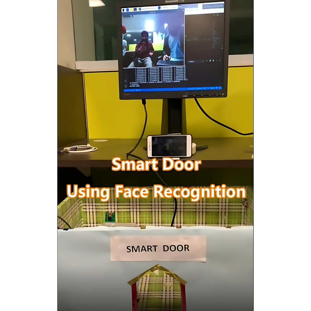 Smart door powered by Raspberry Pi, utilizes a camera for facial recognition to grant access to authorized individuals.